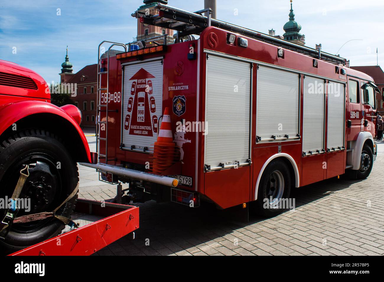 Warsaw, Poland - May 28, 2023 Fire engine driving in the city center of ...