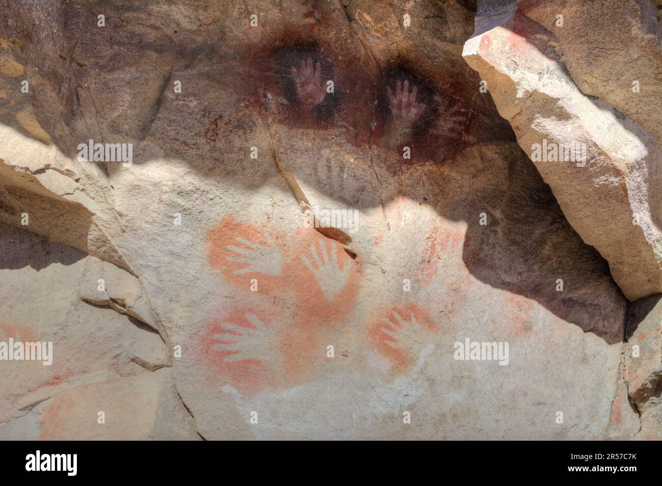 Prehistoric art handprints in Cueva de las Manos cave and complex of rock art sites in Santa
