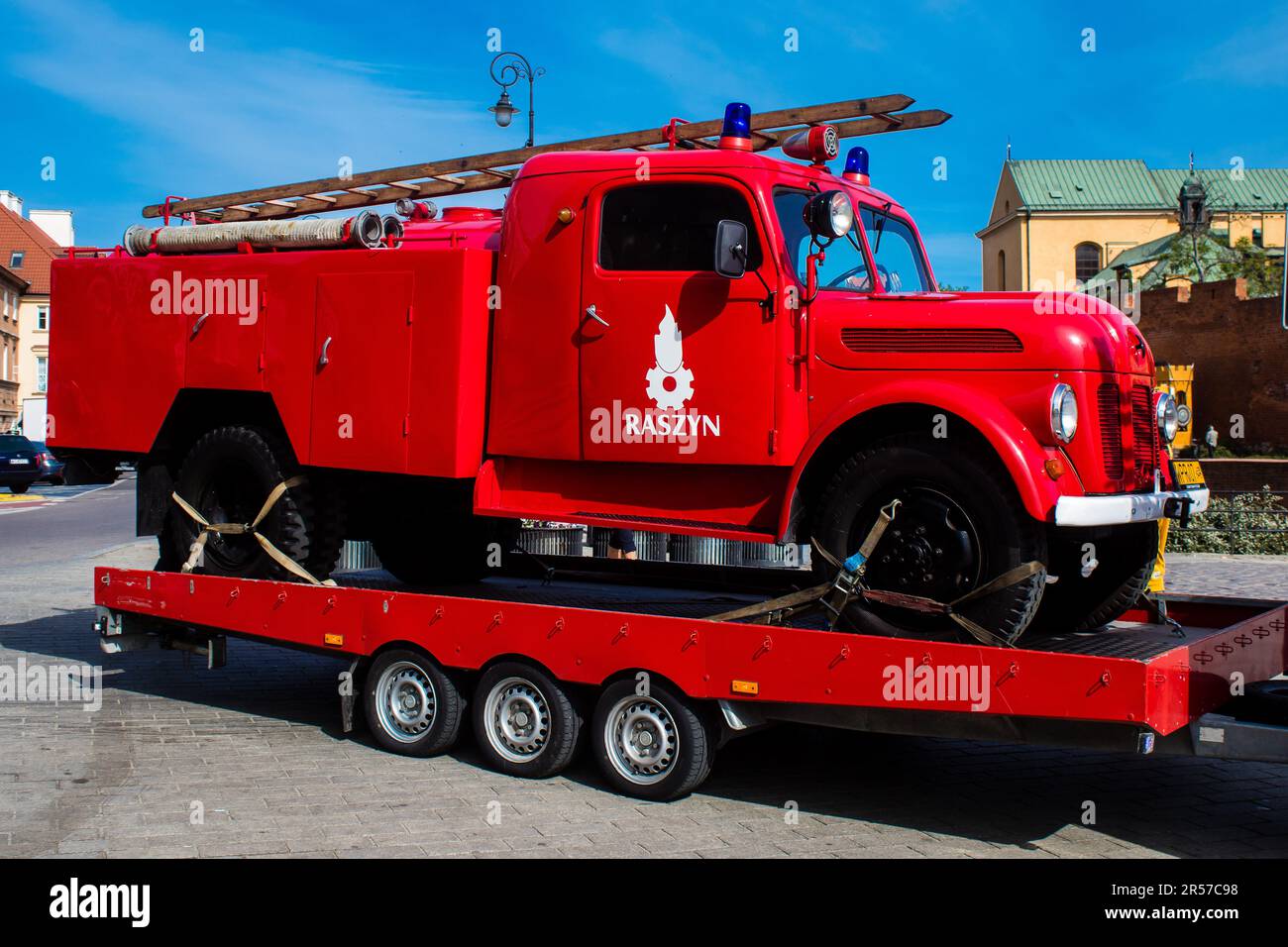 Warsaw, Poland - May 28, 2023 Fire engine driving in the city center of ...