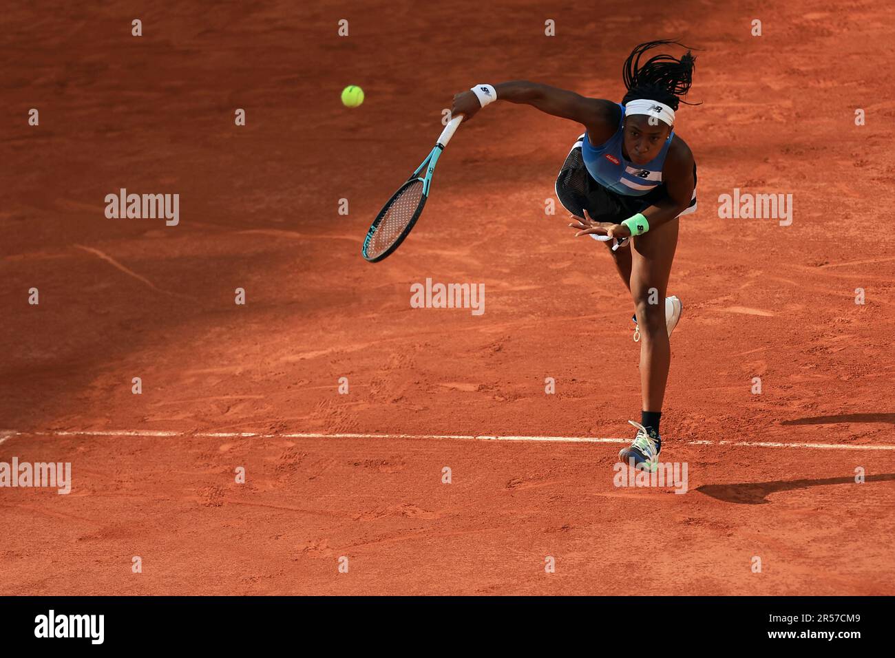 Coco Gauff of the U.S. serves against Austria's Julia Grabher during their second round match of