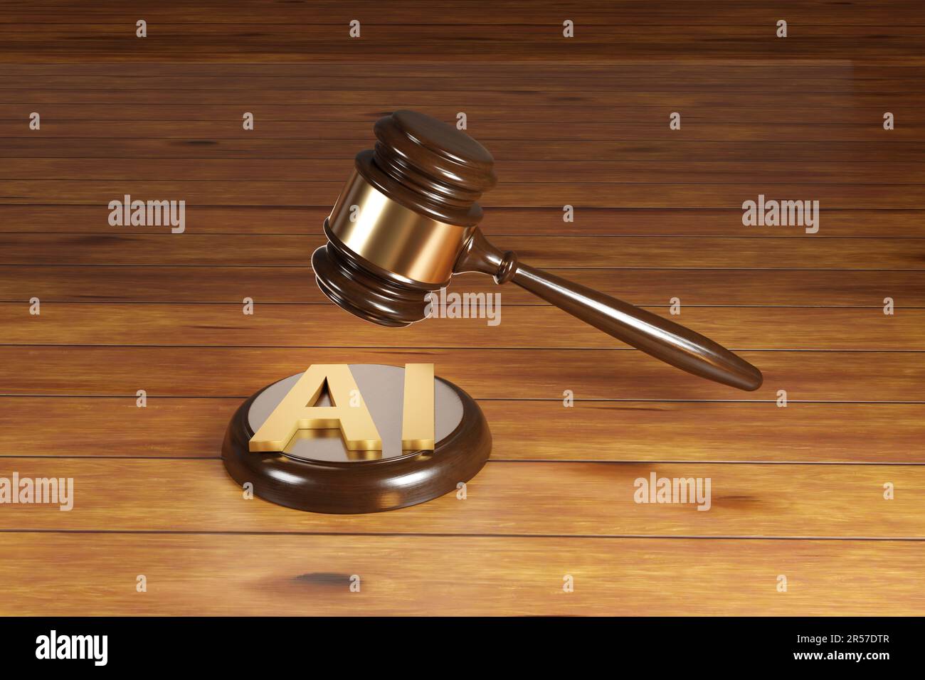 Wooden gavel with brass engraving band and golden alphabets AI on a round wood sound block. Legislation of artificial intelligence act and rules Stock Photo
