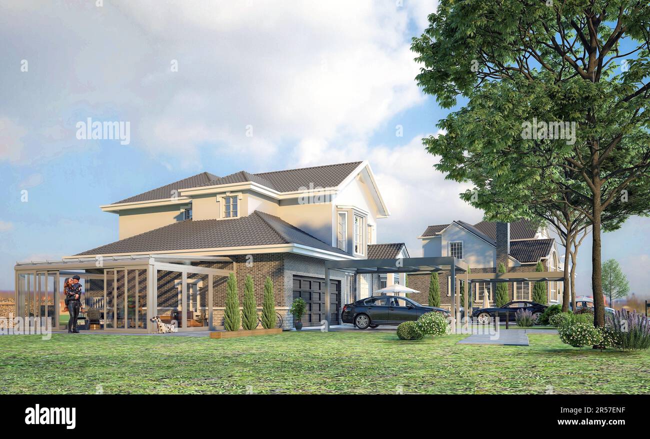 American house patio gazebo, pergola and sunroom. 3d rendering Stock ...