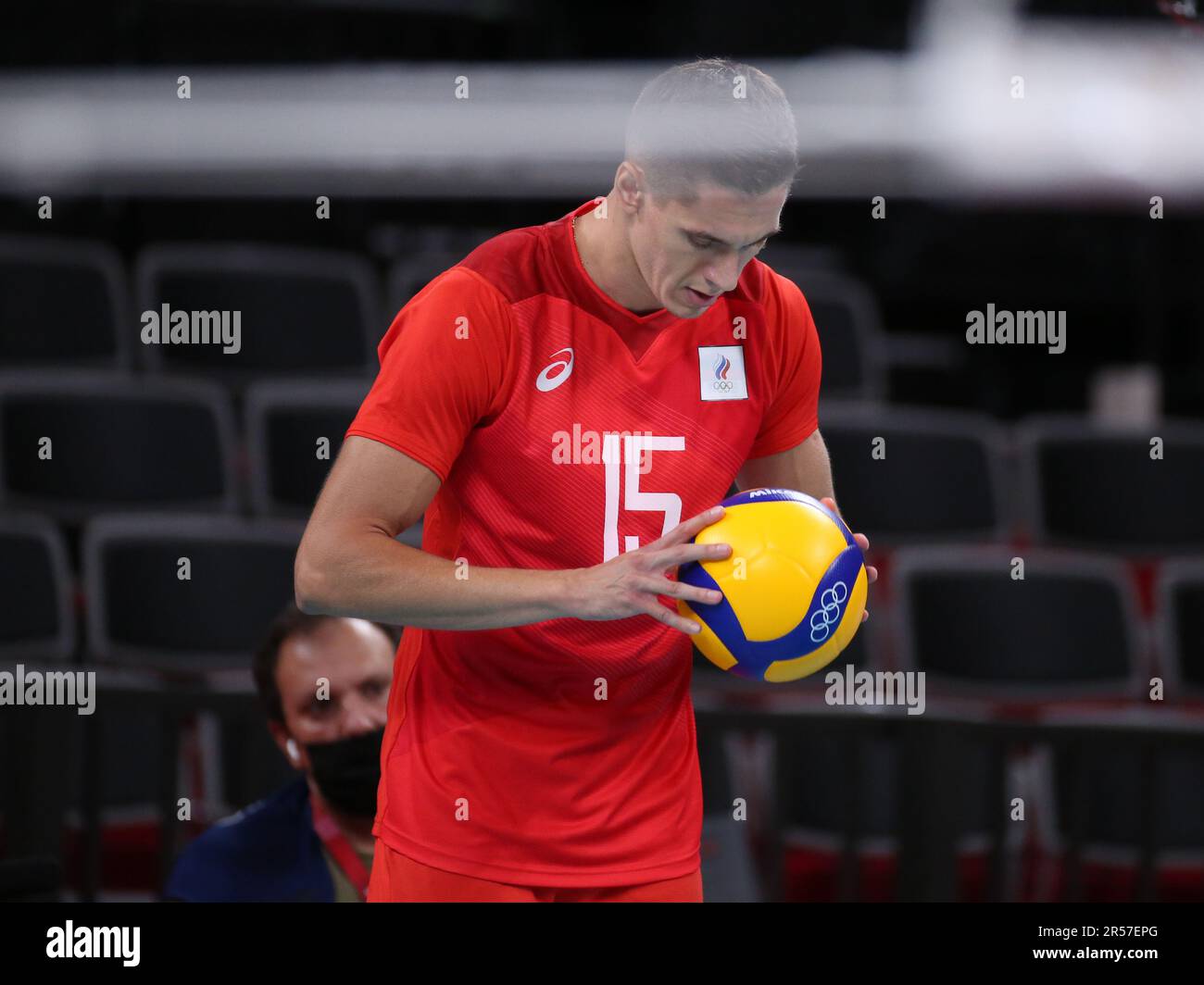 AUG 7, 2021 - Tokyo, Japan: Victor POLETAEV #15 of Team Russia in the Volleyball Men's Gold Medal Match between France and the Russian Olympic Committee at the Tokyo 2020 Olympic Games (Photo: Mickael Chavet/RX) Stock Photo