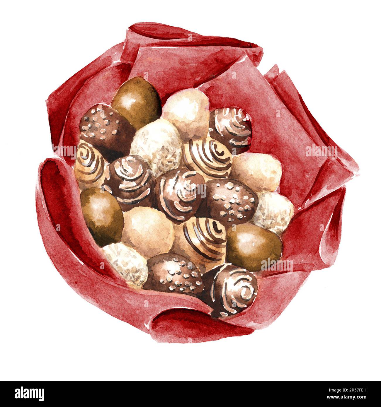 Sweet edible bouquet,  giant strawberries in glaze dipped in white and milk chocolate. Hand drawn watercolor illustration isolated on white background Stock Photo