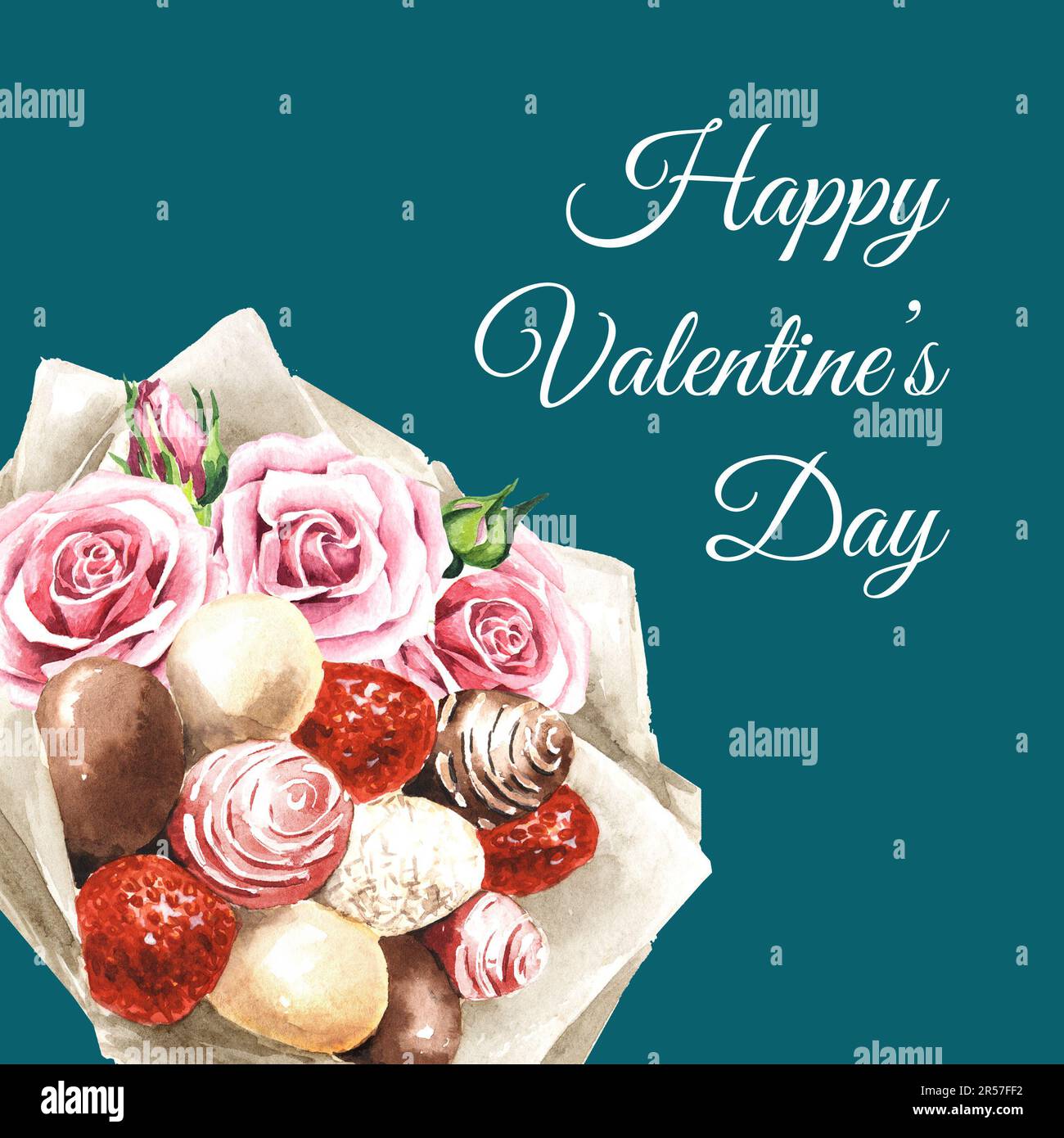 Sweet edible bouquet, giant strawberries in glaze dipped in chocolate, and pink rose flowers. Happy Valentine's Day card. Hand drawn watercolor illust Stock Photo