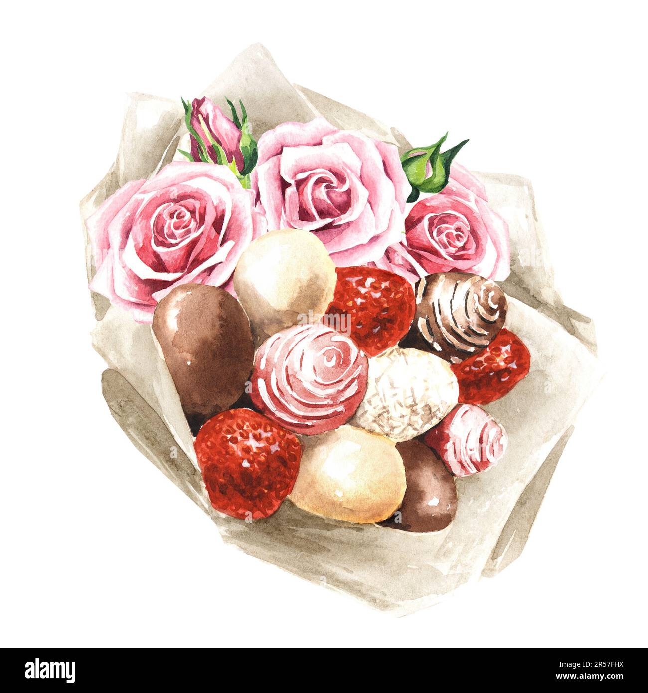 Sweet edible bouquet, giant strawberries in glaze dipped in white and milk chocolate, and pink rose flowers. Hand drawn watercolor illustration isolat Stock Photo
