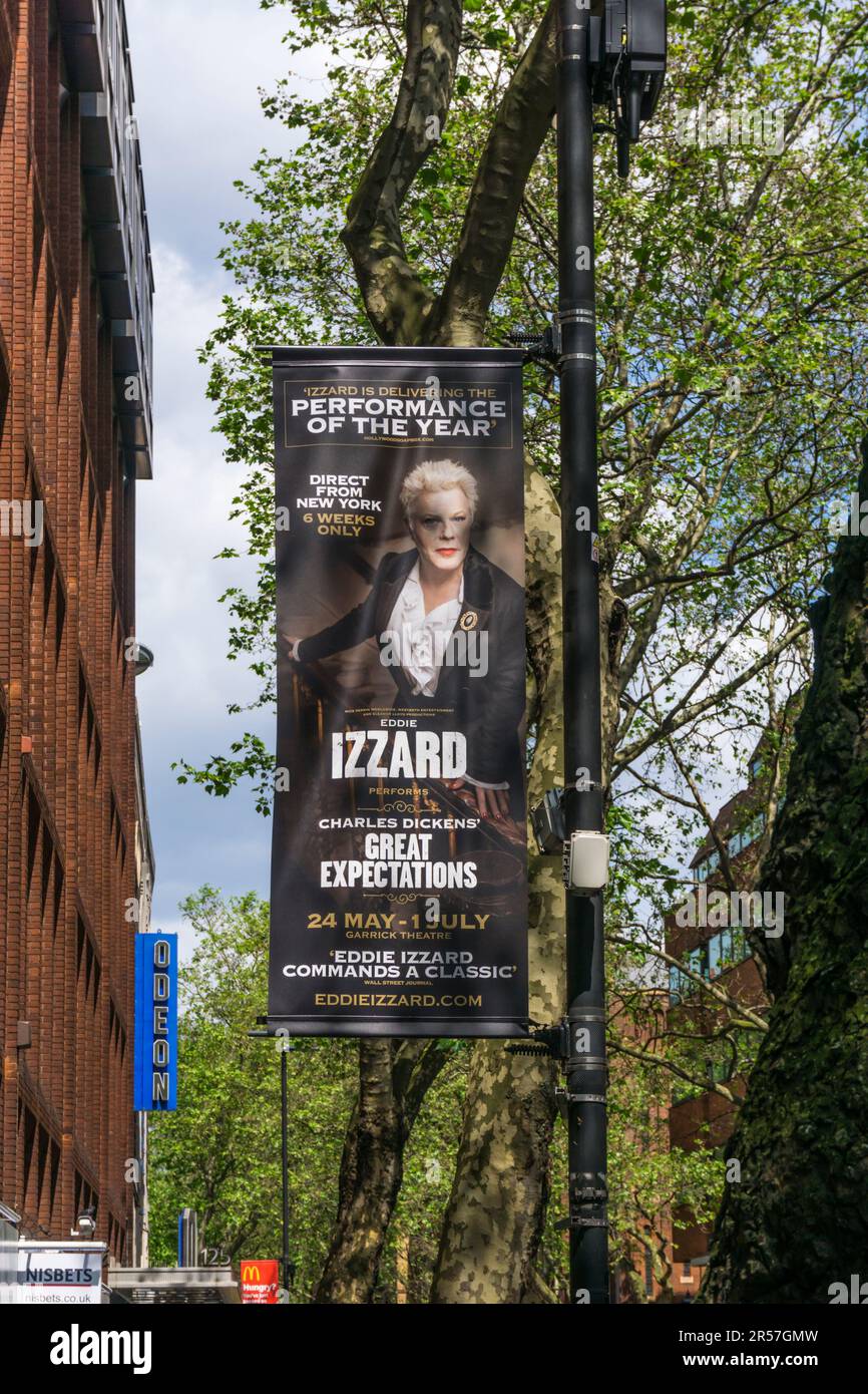 A sign for Eddie Izzard in Great Expectations at the Garrick Theatre, London. Stock Photo