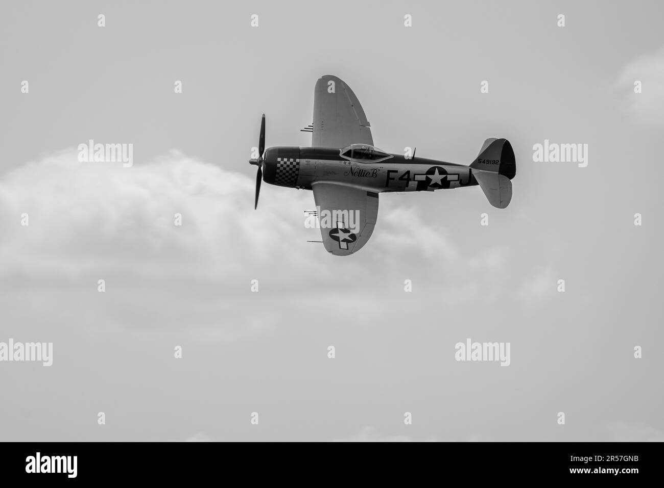 Republic P-47D Thunderbolt “Nellie B” airborne at the Abingdon Air & Country Show on the 20th May 2023. Stock Photo