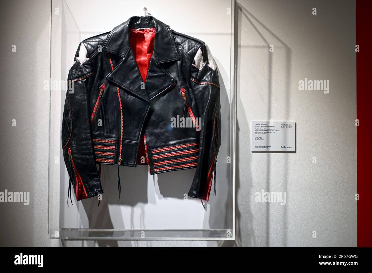 New York, USA. 01st June, 2023. Freddie Mercury's Leather Arrows stage jacket on display at Sotheby's, New York, June 1, 2023. Some never-before-seen private collection items on display, including clothes and jewelry worn by Mercury during Queen concerts, handwritten lyrics, personal items and art, to go up for auction in London this coming September. (Photo by Anthony Behar/Sipa USA) Credit: Sipa USA/Alamy Live News Stock Photo
