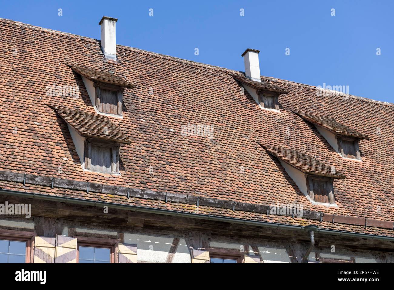 Tiled roof with dormers and chimneys, Blaubeuren, Alb-Donau-Kreis, Swabian Alb, Baden-Wuerttemberg, Germany Stock Photo