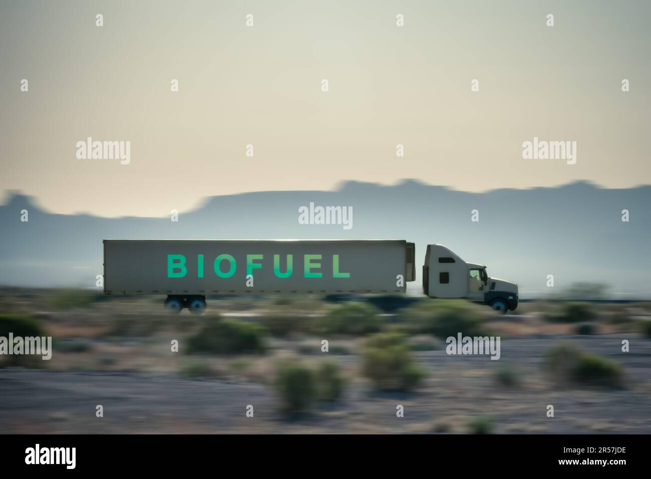 truck on the road with the text Biofuel Stock Photo - Alamy