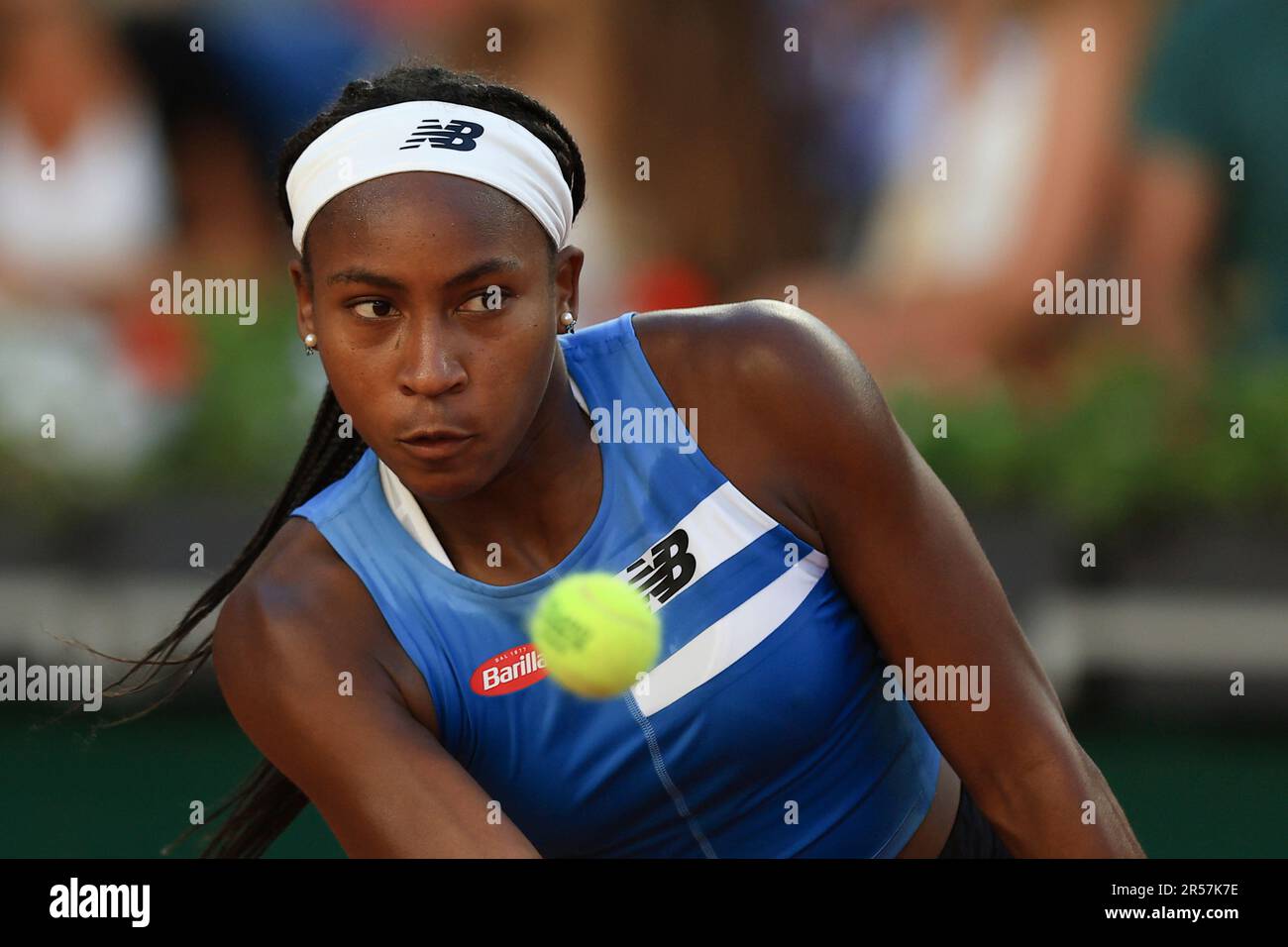 Coco Gauff of the U.S. eyes the ball as he plays a shot against Austria's Julia Grabher during