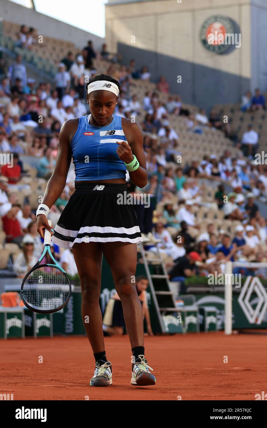 Coco Gauff of the U.S. celebrates a point against Austria's Julia Grabher during their second