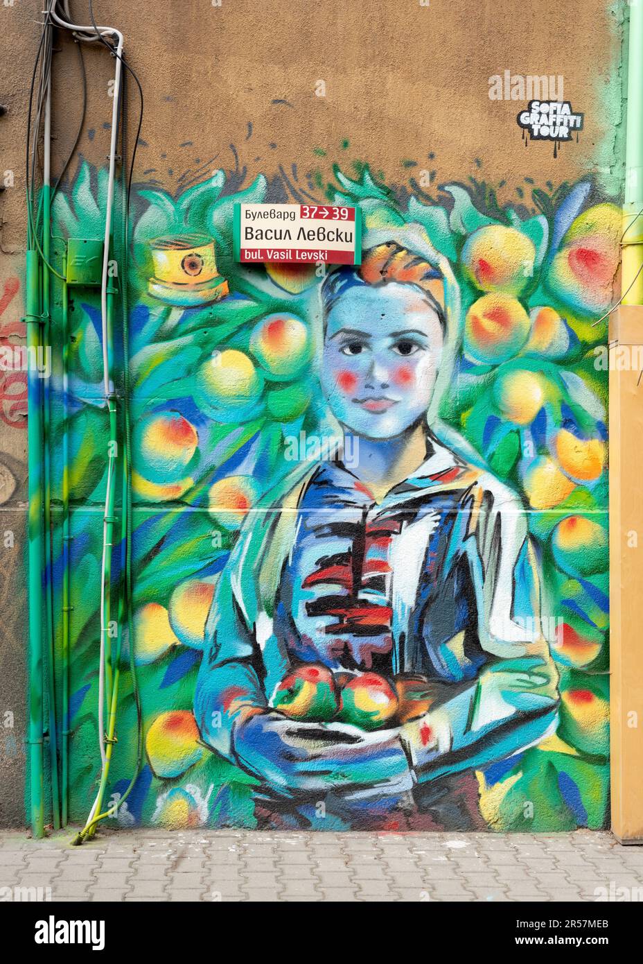 Street art mural Girl with apples graffiti street art mural painting as part of the Sofia Graffiti Tour Sofia, Bulgaria, Eastern Europe, Balkans, EU Stock Photo