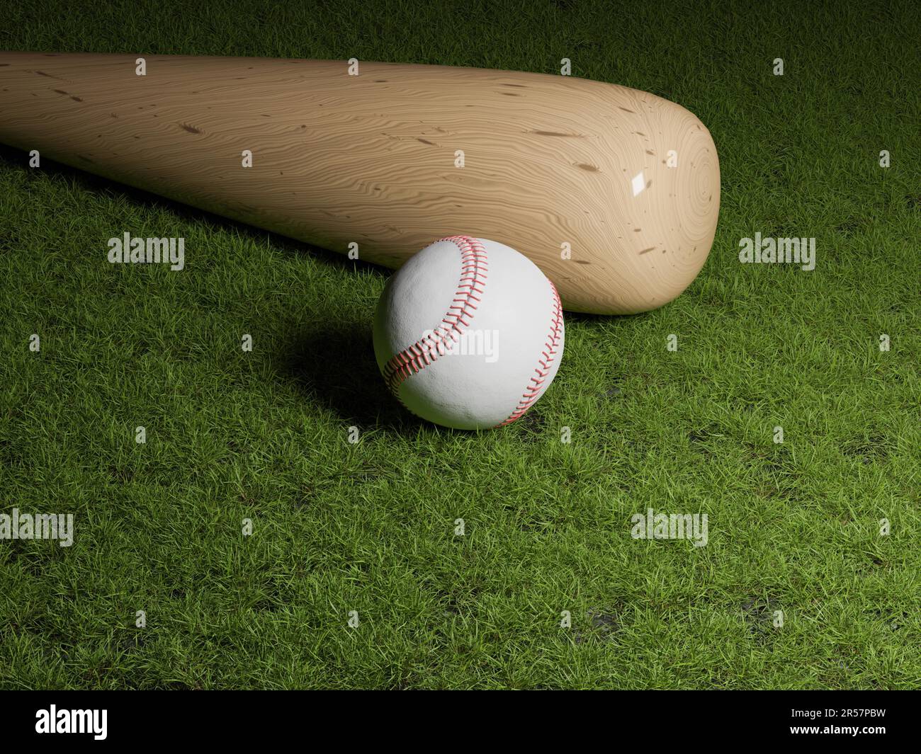 Baseball bat and ball on grass with text free space, sports concept, 3d rendering Stock Photo