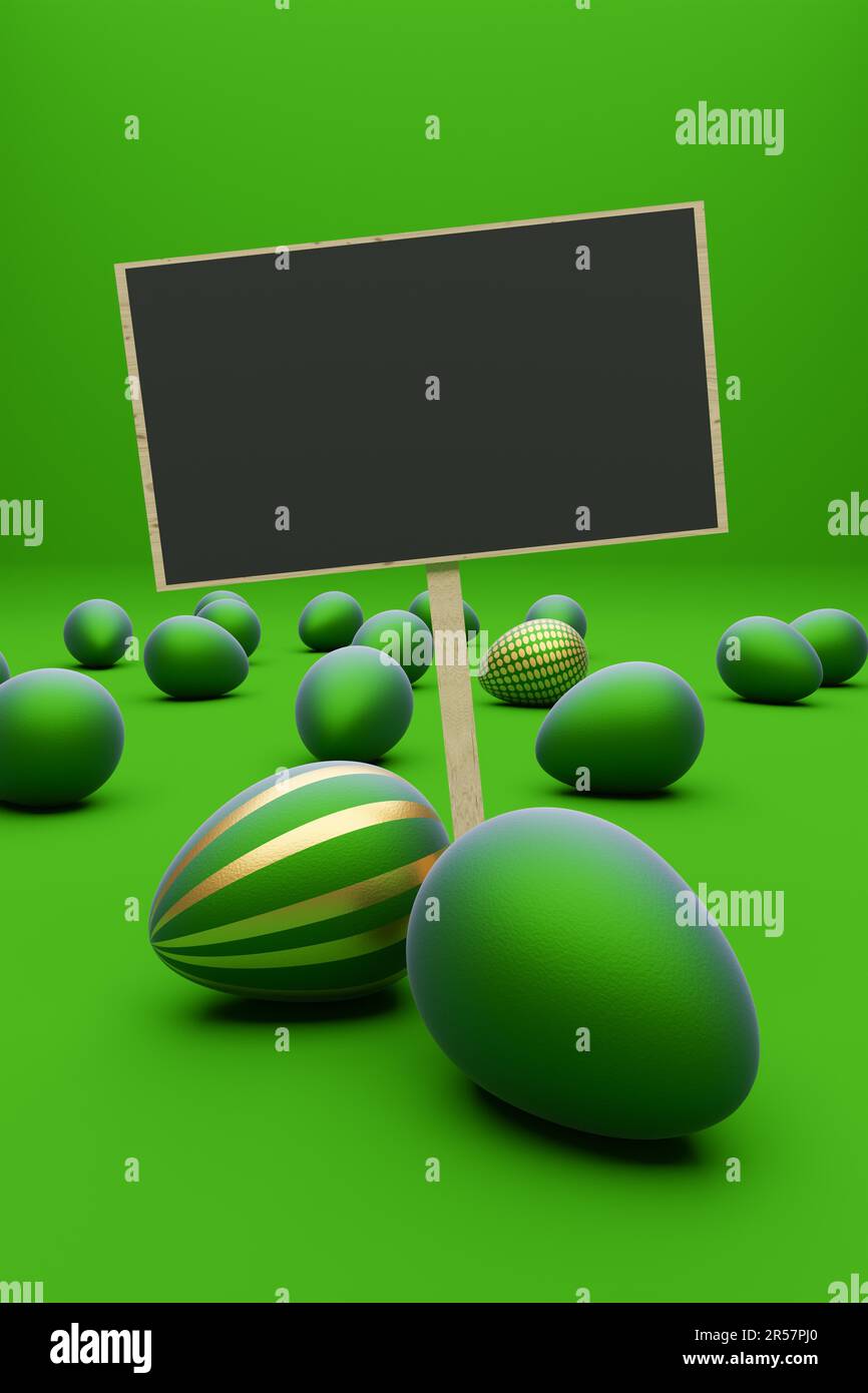 Many green Easter eggs with golden egg on a green background, modern ...