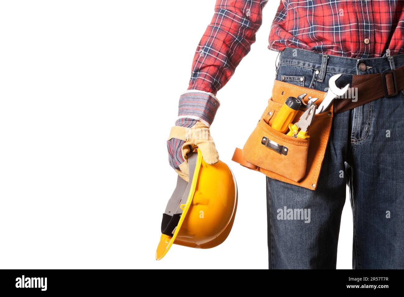 Construction worker with toolbelt on white Stock Photo