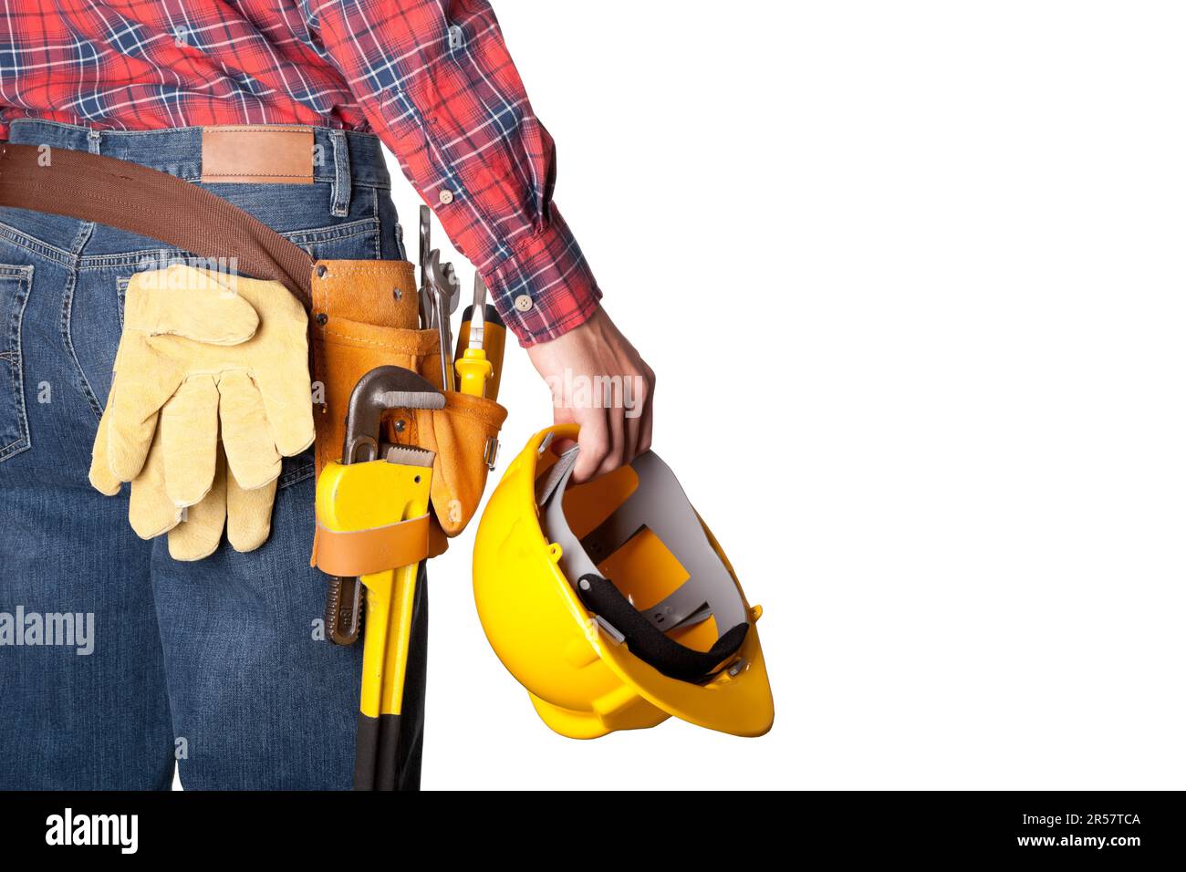 Construction worker with toolbelt on white Stock Photo