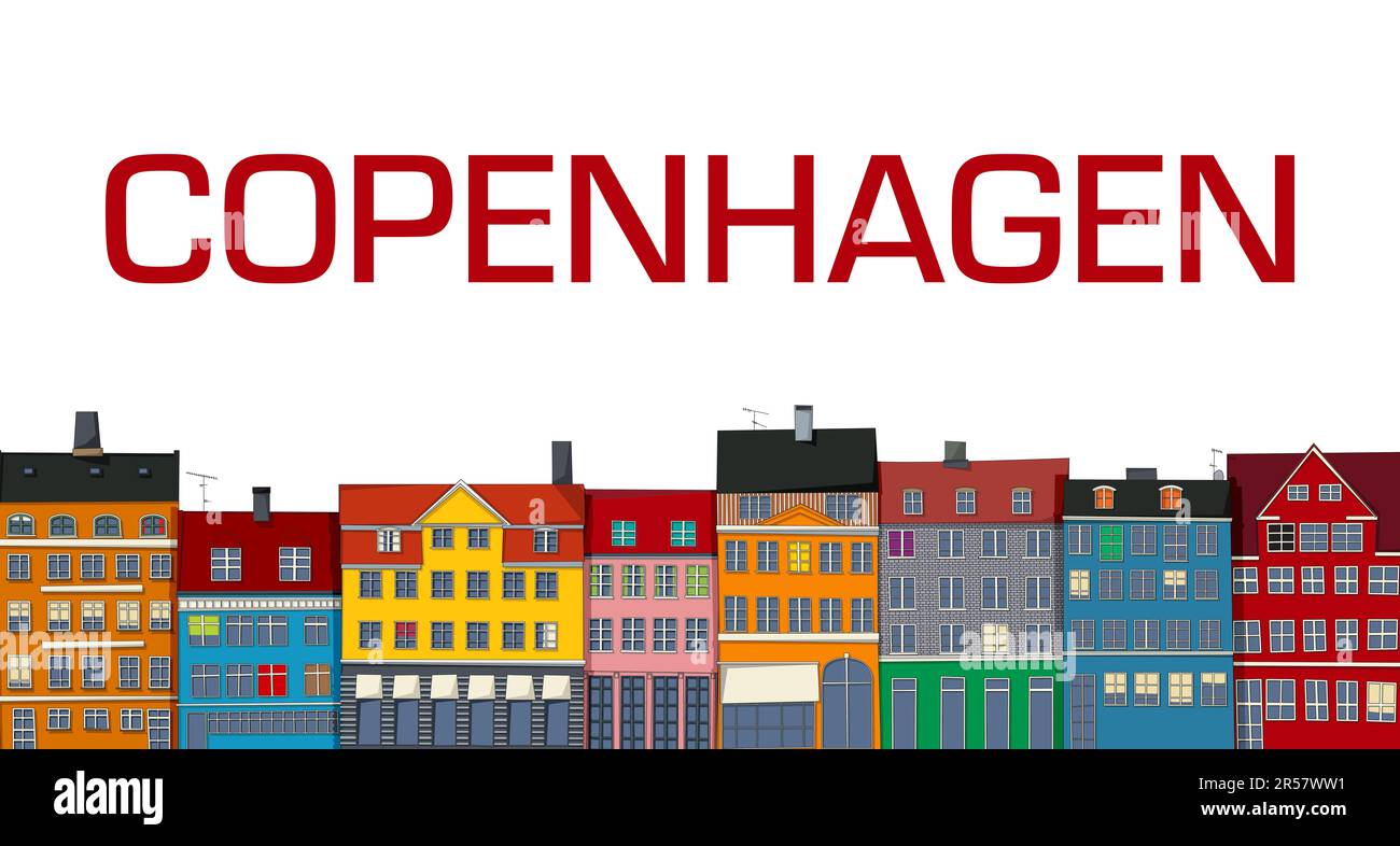 Copenhagen card with city buildings skyline in colors over white background. Editable