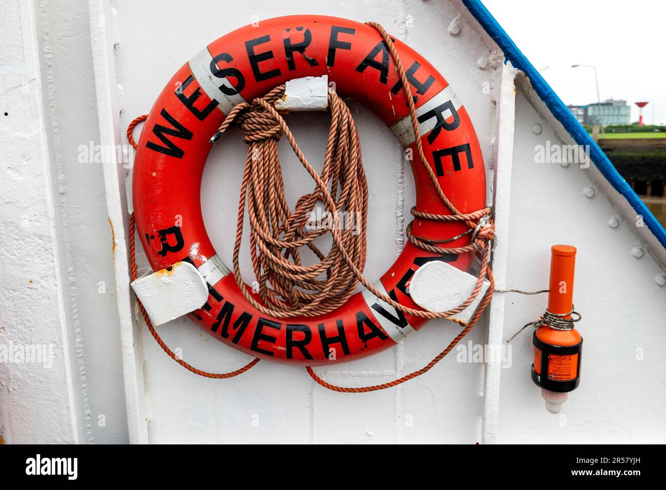 Lifebuoy on the Weser ferry between Bremerhaven, Federal State of the Hanseatic City of Bremen, and Nordenham-Blexen, municipality of Butjadingen on Stock Photo