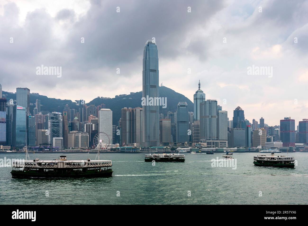 Three of The Iconic Star Ferries and Hong Kong Island Skyline, Hong Kong, China. Stock Photo