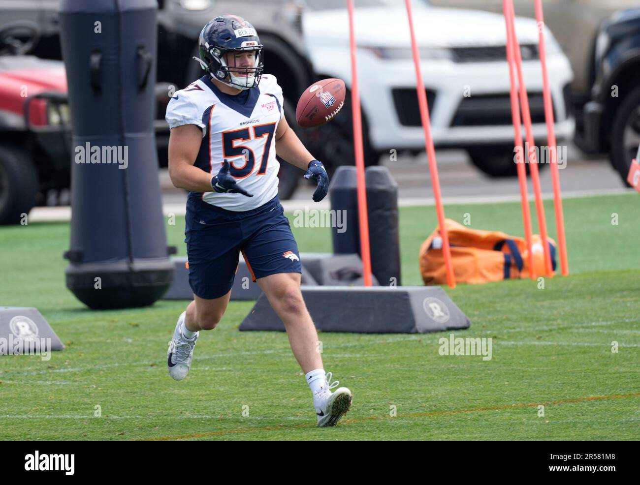 Denver Broncos inside linebacker Seth Benson warms up during an NFL