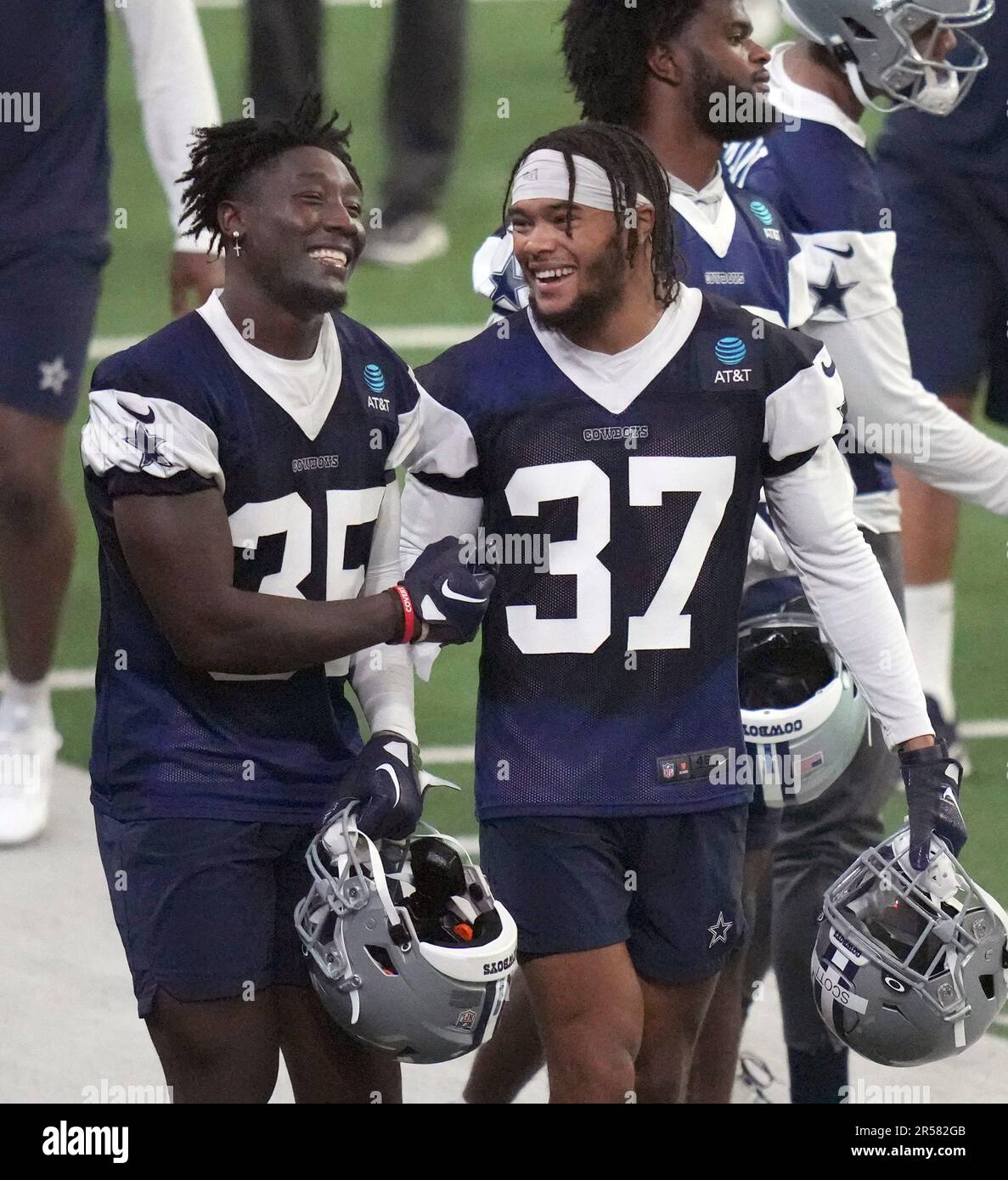 Dallas Cowboys linebacker DeMarvion Overshown (35) and corner back Eric  Scott (37) share a laugh during NFL football practice in Frisco, Texas,  Thursday, June 1, 2023. (AP Photo/LM Otero Stock Photo - Alamy
