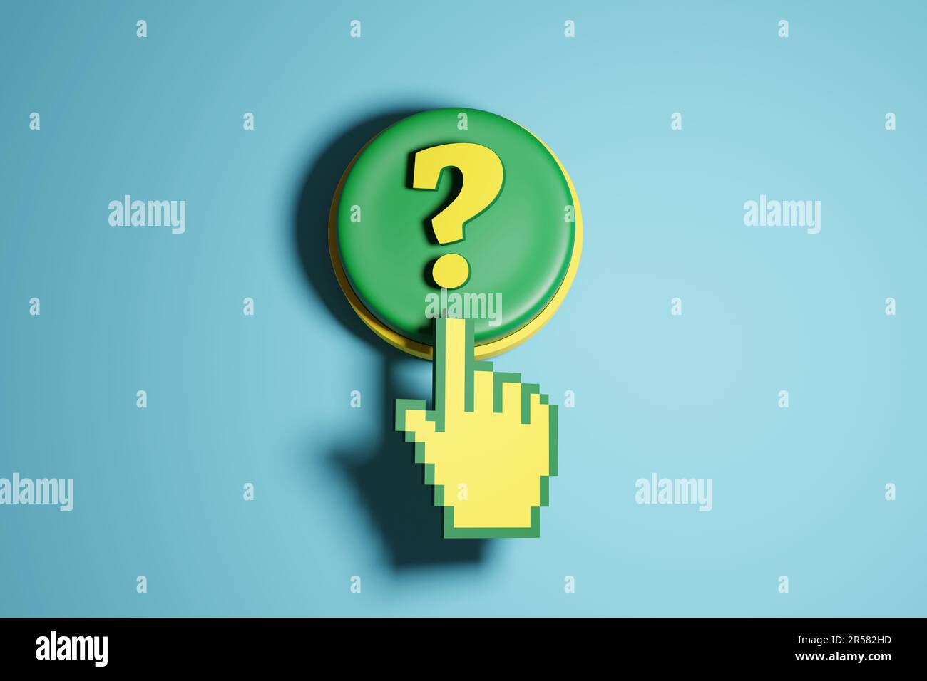 Yellow question mark on a round green push button with a pixelated finger pointer. Illustration of the concept of enquiries, puzzles and riddles Stock Photo