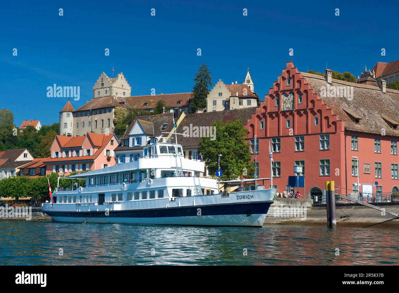 Excursion boat in the harbour in Meersburg, Lake Constance, Baden-Wuerttemberg, Germany Stock Photo