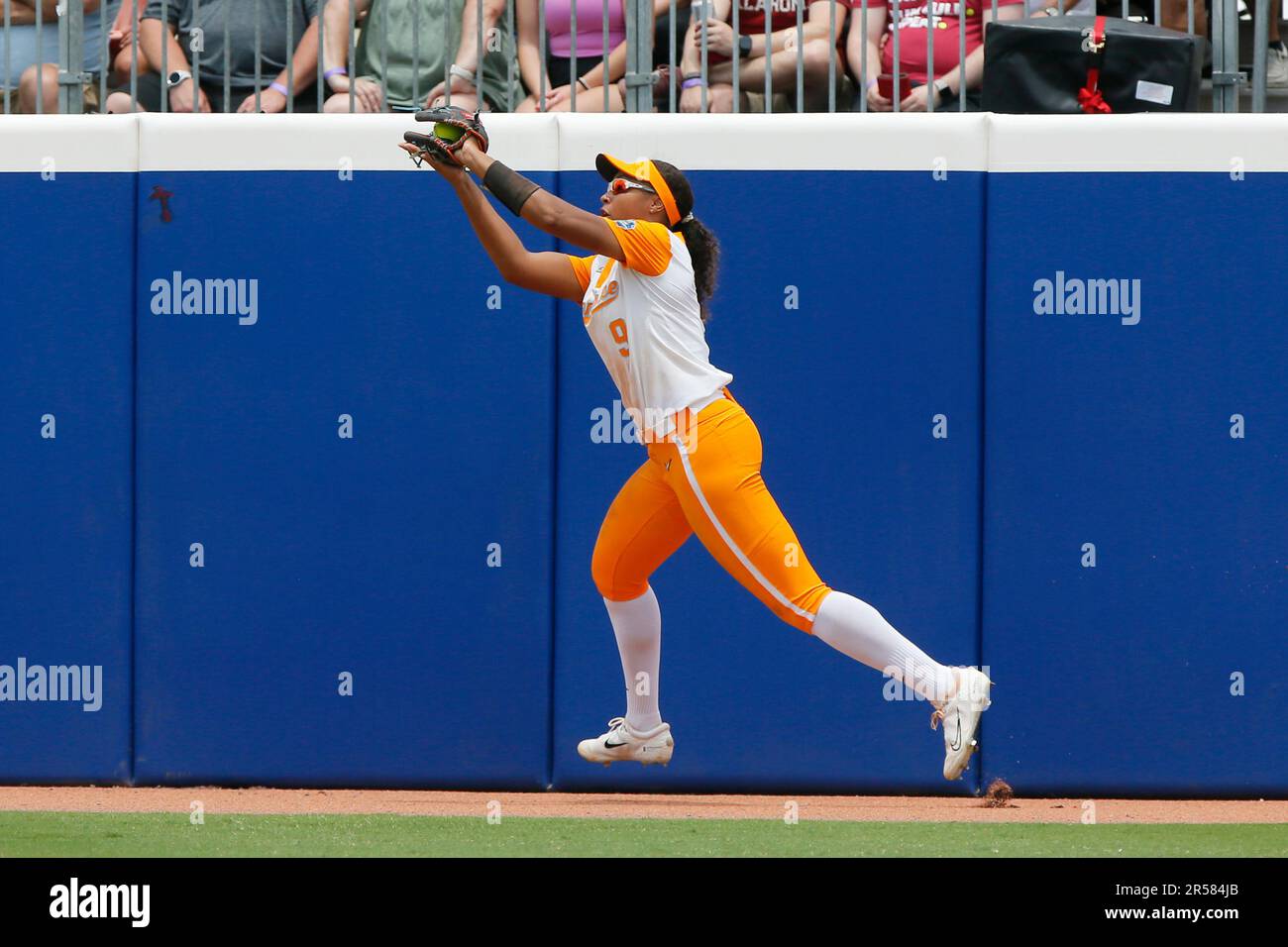 Tennessee's Kiki Milloy catches a fly ball for an out against Alabama