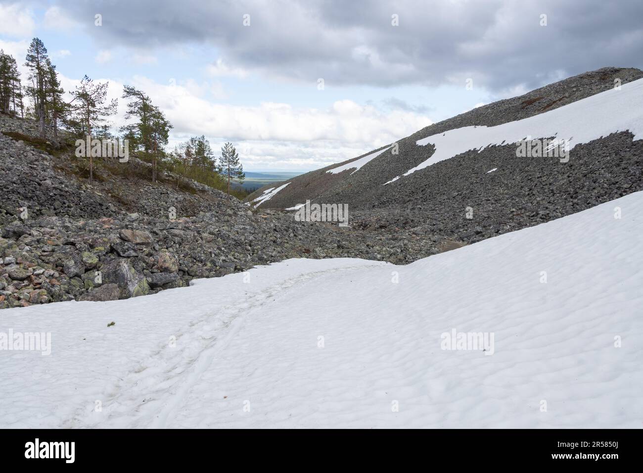 The snow is melting in the fells in Finnish Lapland Stock Photo