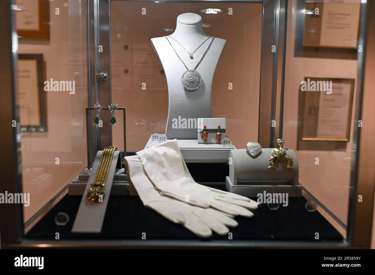 New York, USA. 01st June, 2023. Movie memorabilia from ‘Three Faces of Eve', and gloves worn by actress Joanne Woodward at the 30th Academy Awards, part of ‘The World of Joanne Woodward and Paul Newman' collection to be auctioned at Sotheby's, New York, NY, June 1, 2023. Items include furniture, film, entertainment and racing memorabilia, along with watches and decorative art. (Photo by Anthony Behar/Sipa USA) Credit: Sipa USA/Alamy Live News Stock Photo