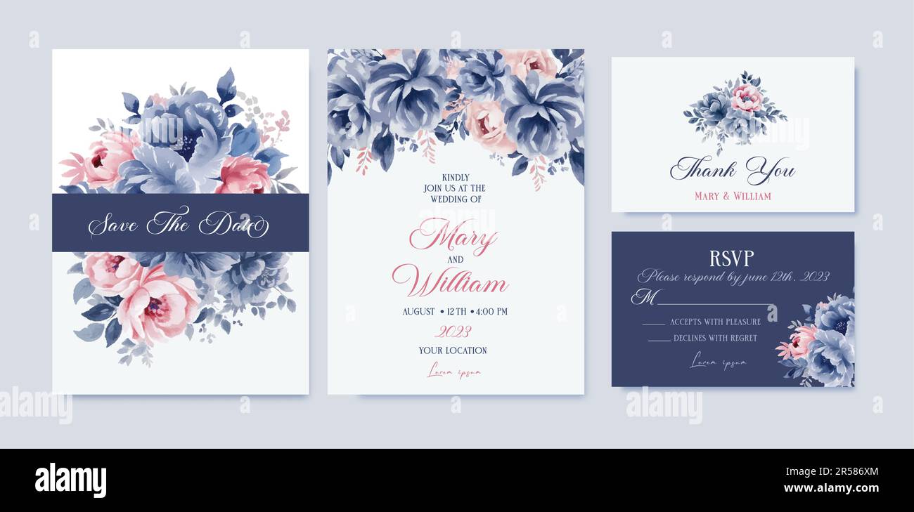 Watercolor Navy blue and pink floral wedding invitation cards template ...