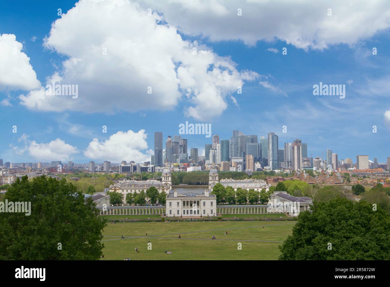 Canary Wharf and Queens House from Greenwich Park, London, UK Stock Photo