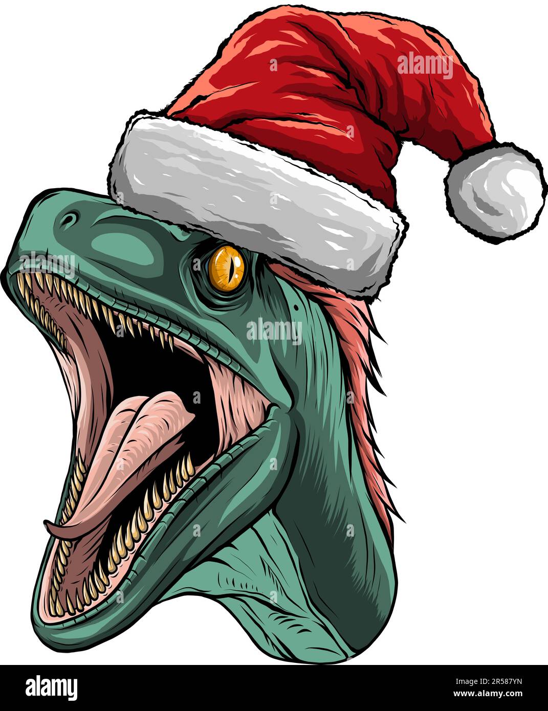 vector illustration of velociraptor head with christmas hat Stock Vector