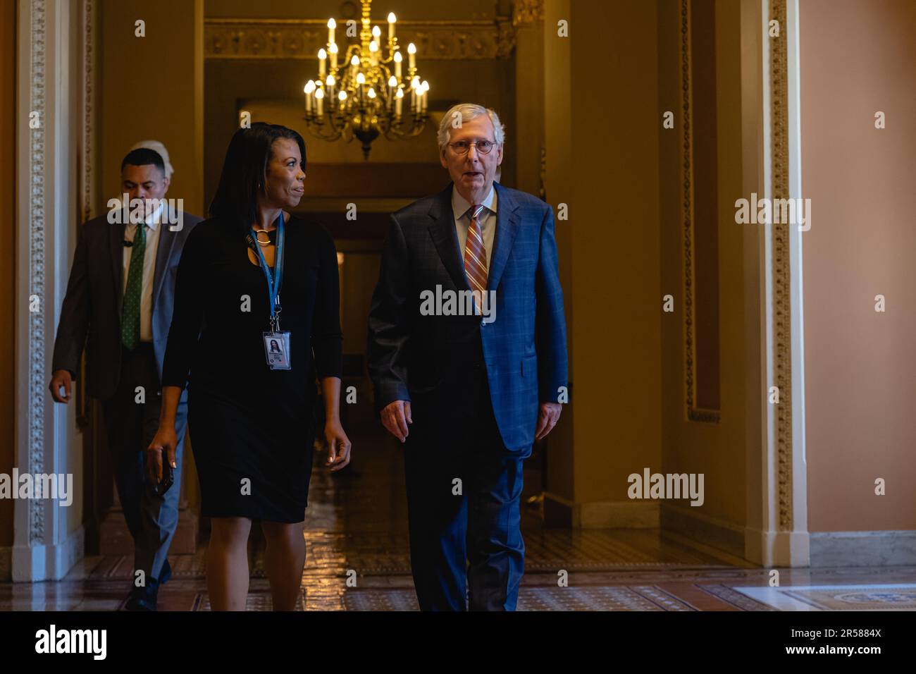 Washington, United States. 01st June, 2023. Senate Minority Leader Mitch McConnell, a Republican from Kentucky, walks to the Senate chamber before voting on the Senate floor at the US Capitol building on June 1, 2023 in Washington, DC The debt limit deal struck to raise the federal debt limit by President Biden and the House Speaker McCarthy was passed to the Senate through a bipartisan vote in the House and is being taken up by the Senate today. (Photo by Jon Cherry/Sipa USA) Credit: Sipa USA/Alamy Live News Stock Photo