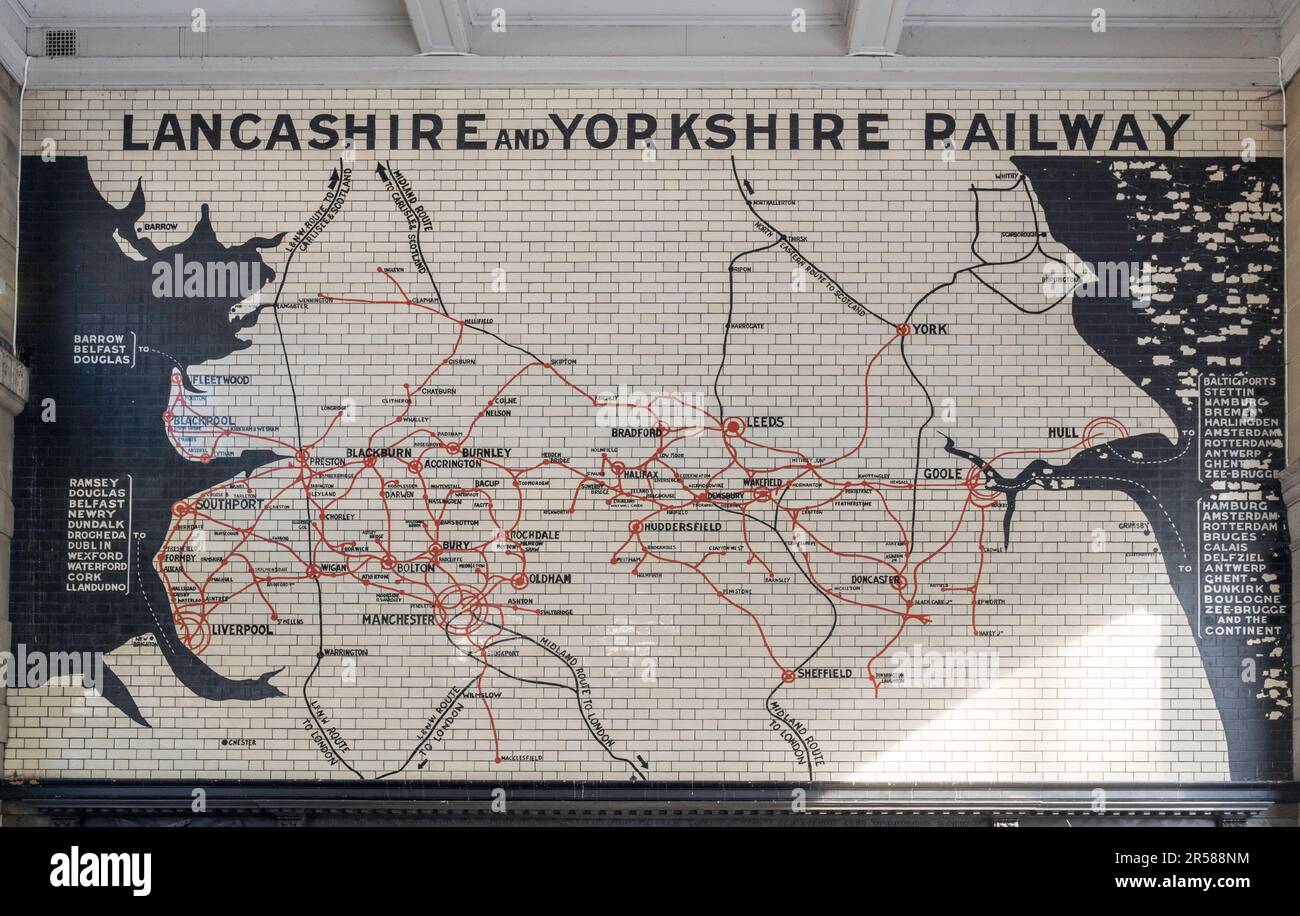 Lancashire and Yorkshire Railway route map in Manchester Victoria rail station. Stock Photo