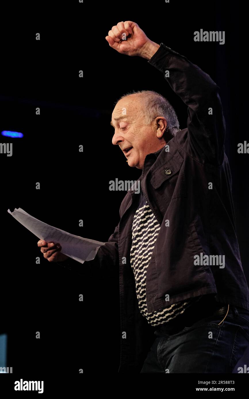Tony Robinson actor and TV broadcaster performing on stage at the Hay Festival in May 2023 Stock Photo