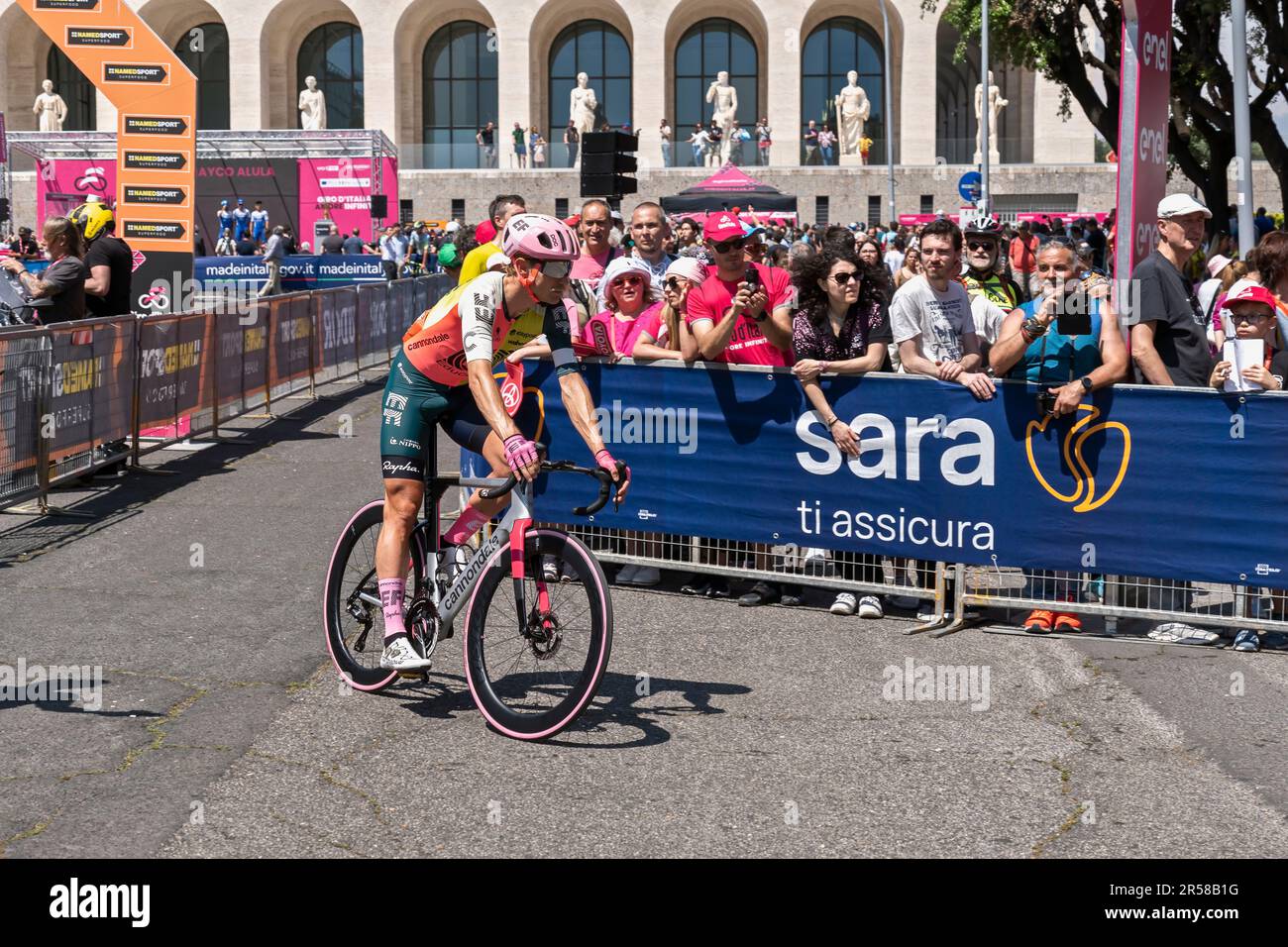 Rome, Italy. 28th May, 2023. Cyclist Magnus Cort Nielsen of Denmark, team EF Education - EasyPost, seen during the Giro d'Italia 106th edition at starting point at Palazzo della Civiltà Italiana, Rome Eur - district, Italy, Europe, European Union, EU Stock Photo