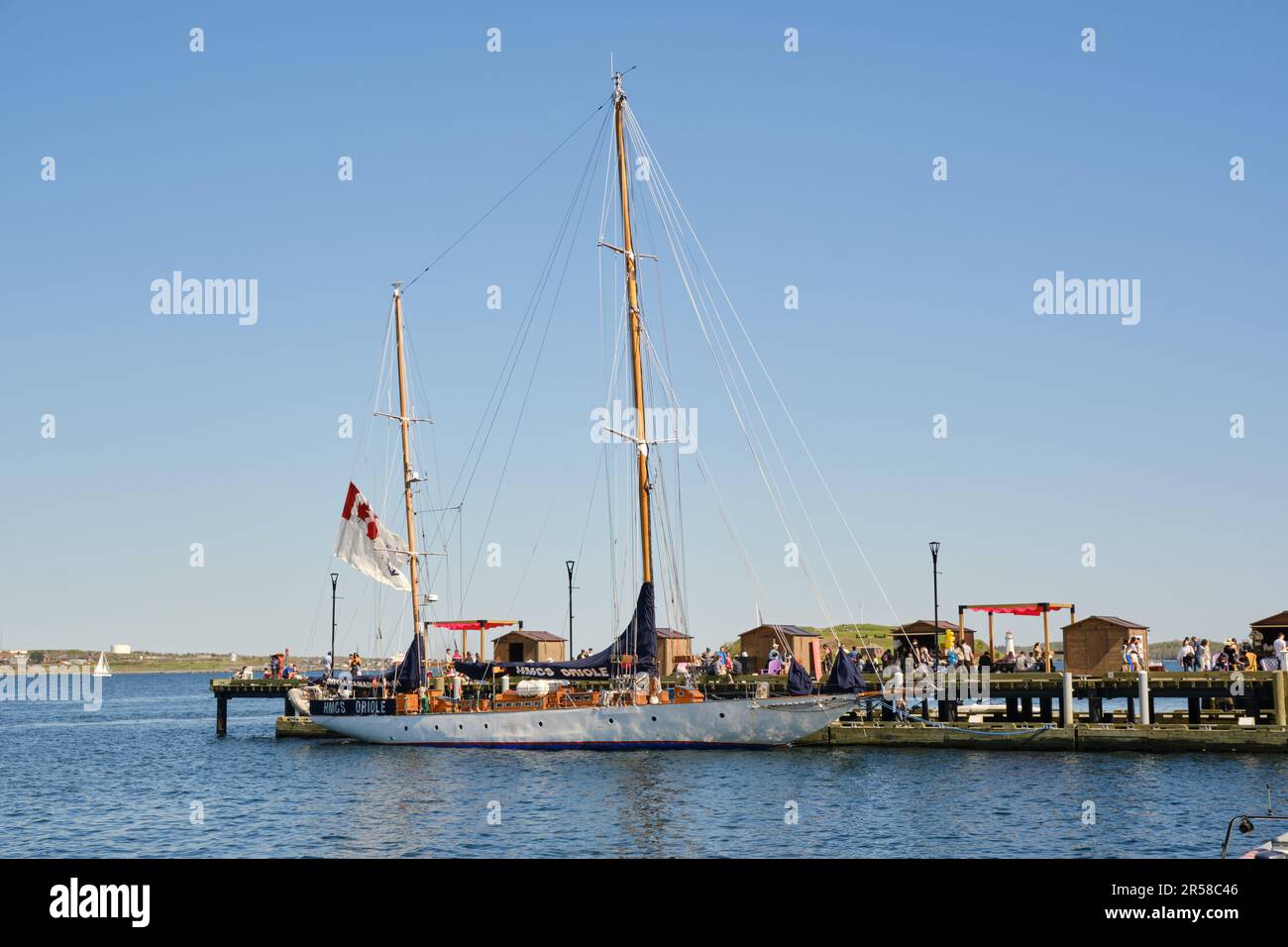 The HMCS Oriole sail boat anchored on the Halifax waterfront Stock Photo