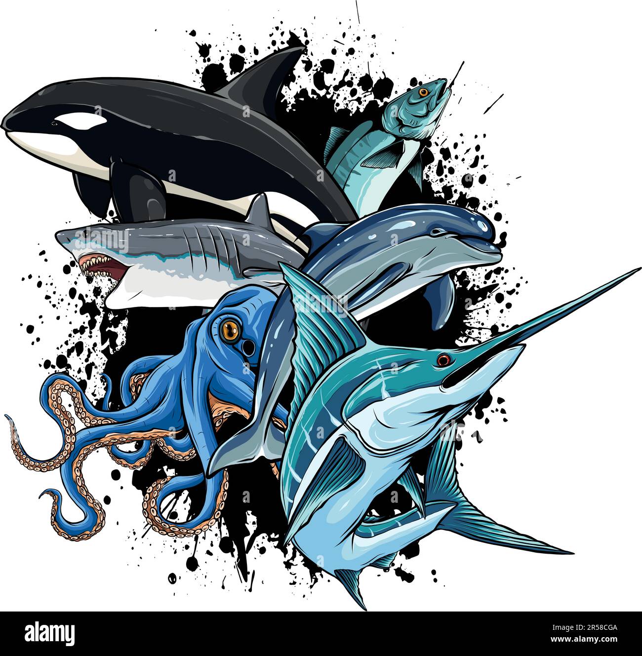 Cartoon sea animals. Cute ocean fish, octopus, shark and killer whale Stock Vector
