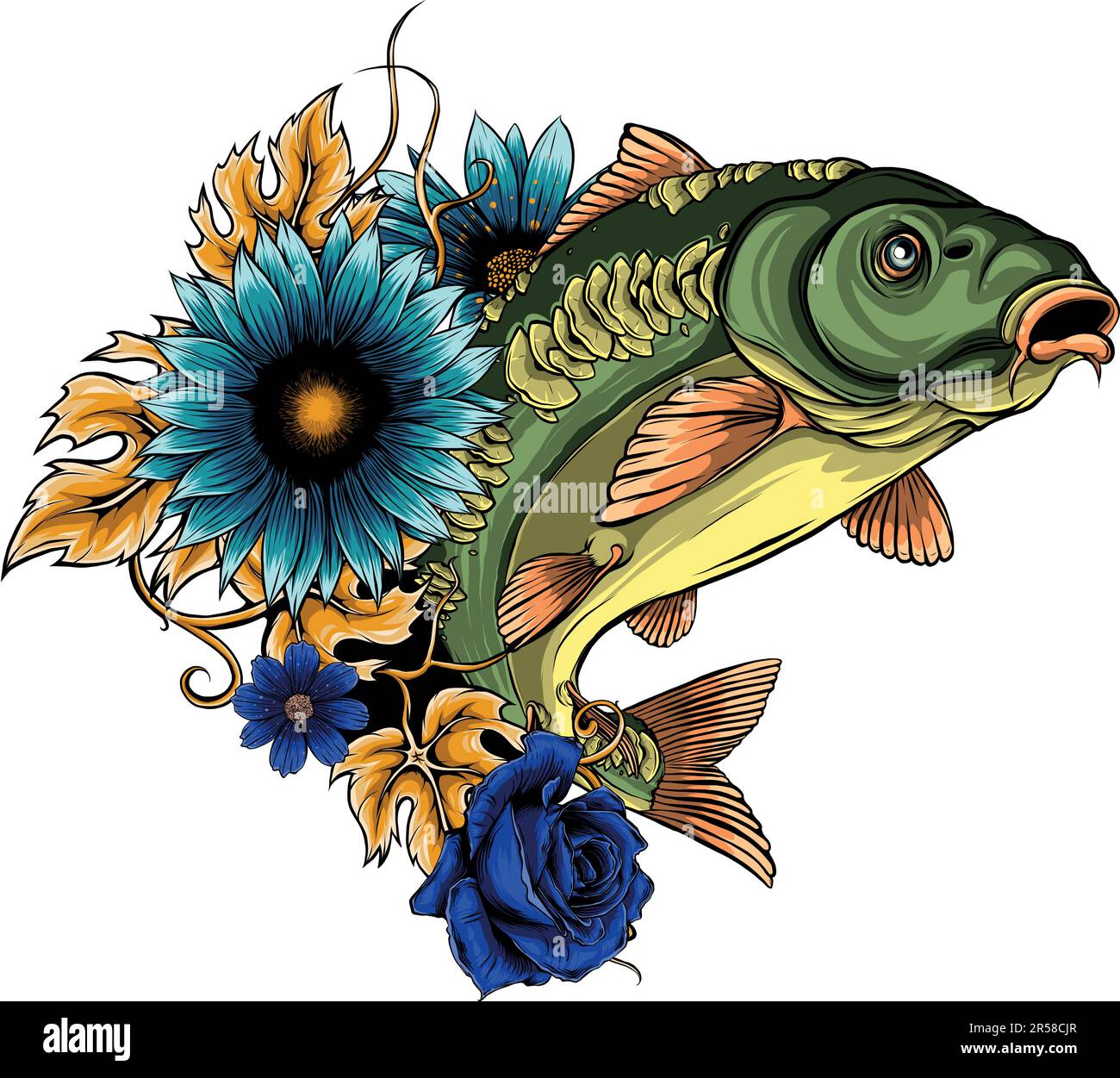 vector illustration of carp and flowers design Stock Vector