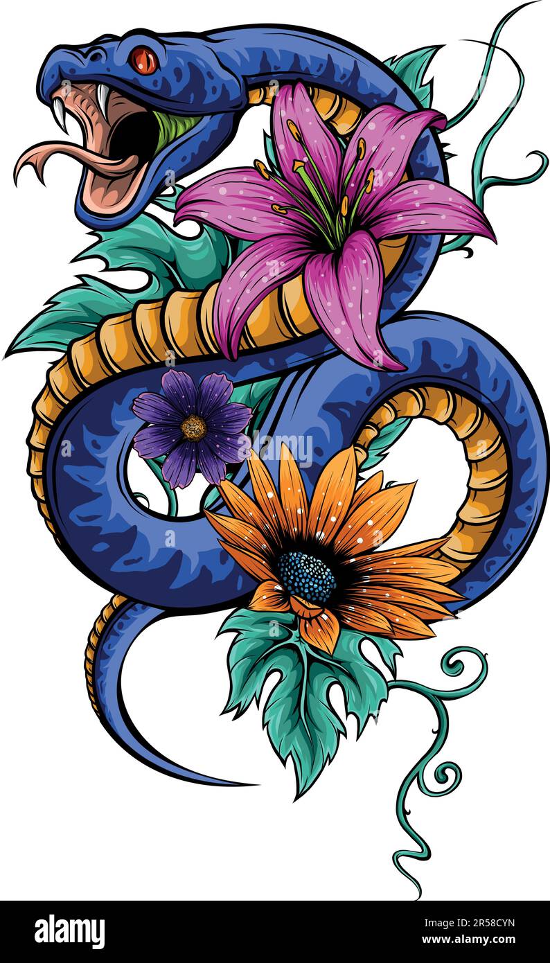 vector illustration of snake with flower and leaves Stock Vector Image ...