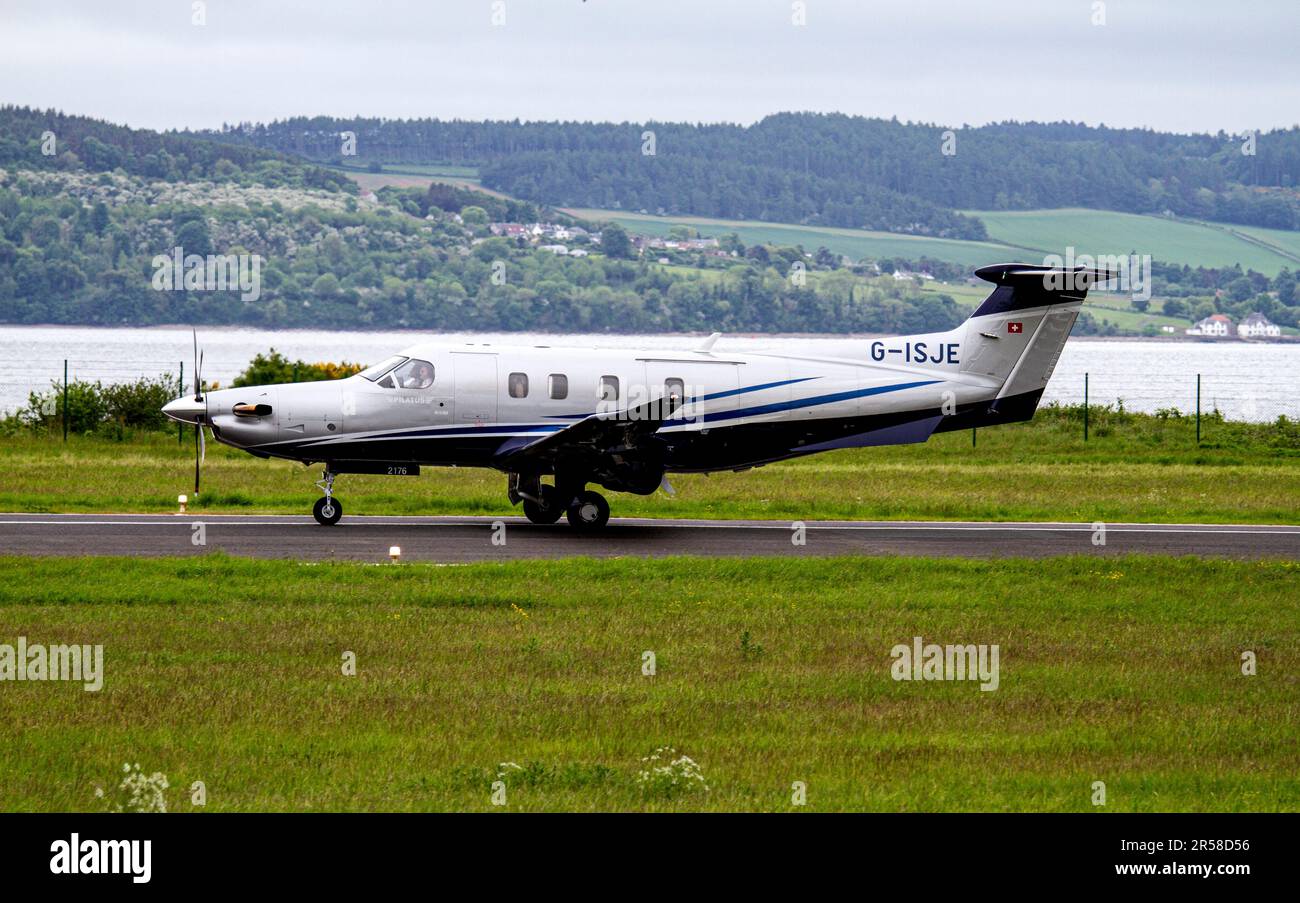 G-ISJE Raven Air Ltd. Pilatus PC-12 NGX (PC-12/47E) airline commuting between Dundee and Belfast as it arrives at Dundee's Riverside Airport, Scotland Stock Photo