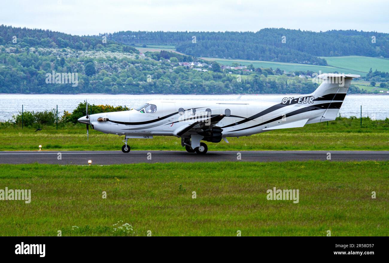 OY-EUR - Pilatus PC-12/47E [1479] DS Eurowind aircraft landing at Dundee's Riverside Airport, Scotland Stock Photo
