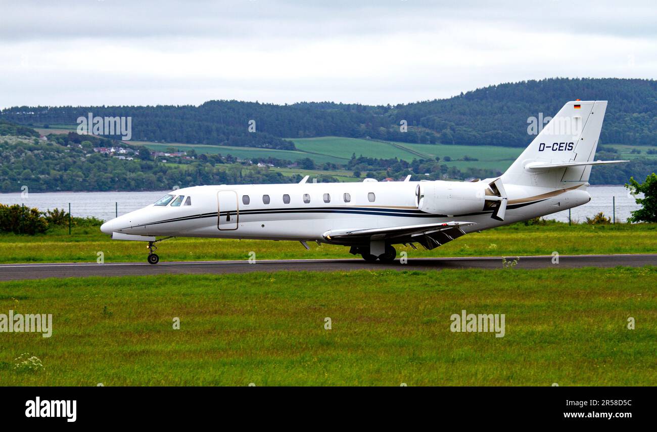 D-CEIS Cessna 680 Citation Sovereign is a private German aircraft landing at Dundee's Riverside Airport, Scotland Stock Photo