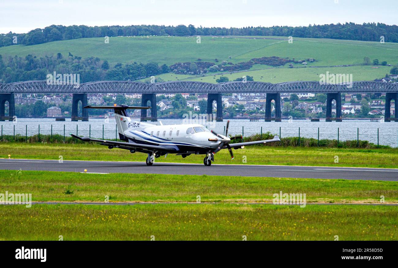 G-ISJE Raven Air Ltd. Pilatus PC-12 NGX (PC-12/47E) aircraft commuting between Dundee and Belfast as it departs from Dundee's Riverside Airport, UK Stock Photo