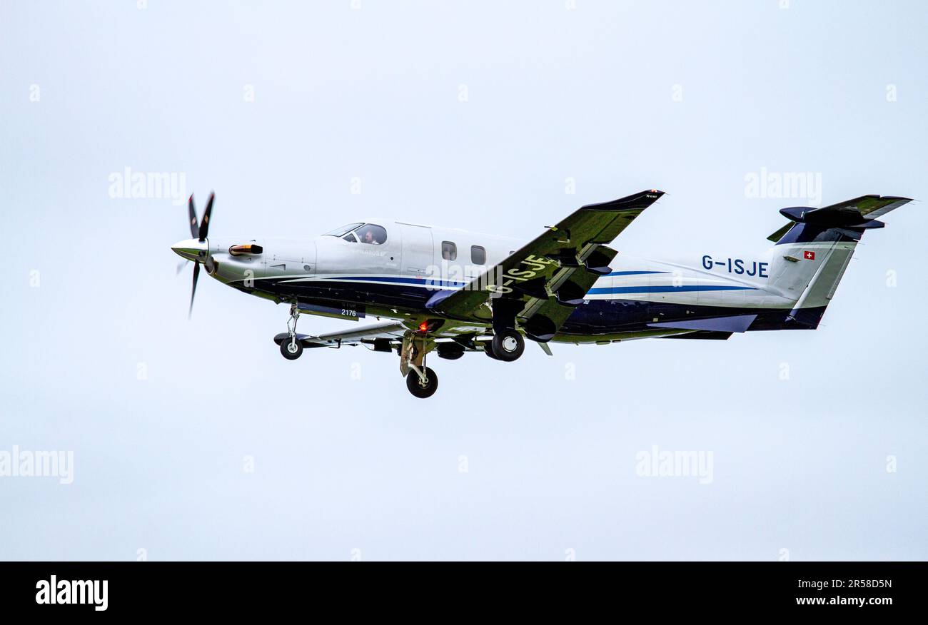 G-ISJE Raven Air Ltd. Pilatus PC-12 NGX (PC-12/47E) aircraft commuting between Dundee and Belfast as it departs from Dundee's Riverside Airport, UK Stock Photo