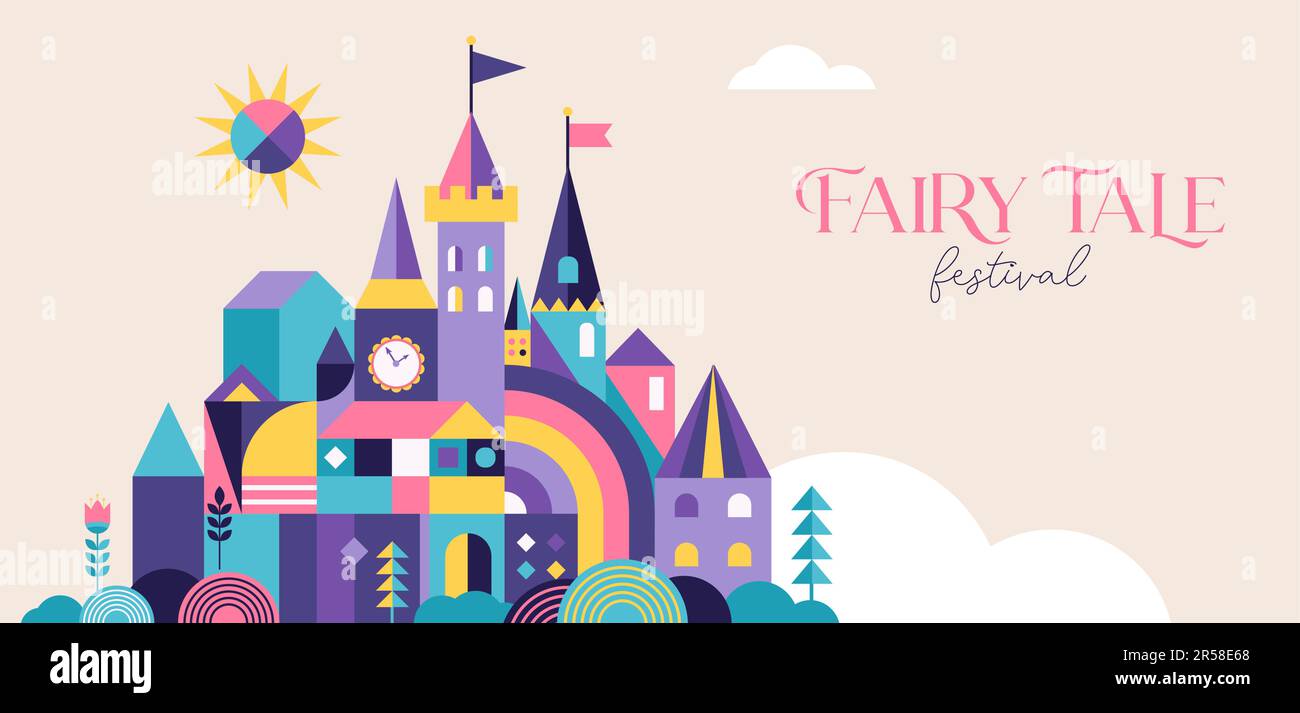 Fairy tale books festival banner and flyer template with colorful castle Stock Vector
