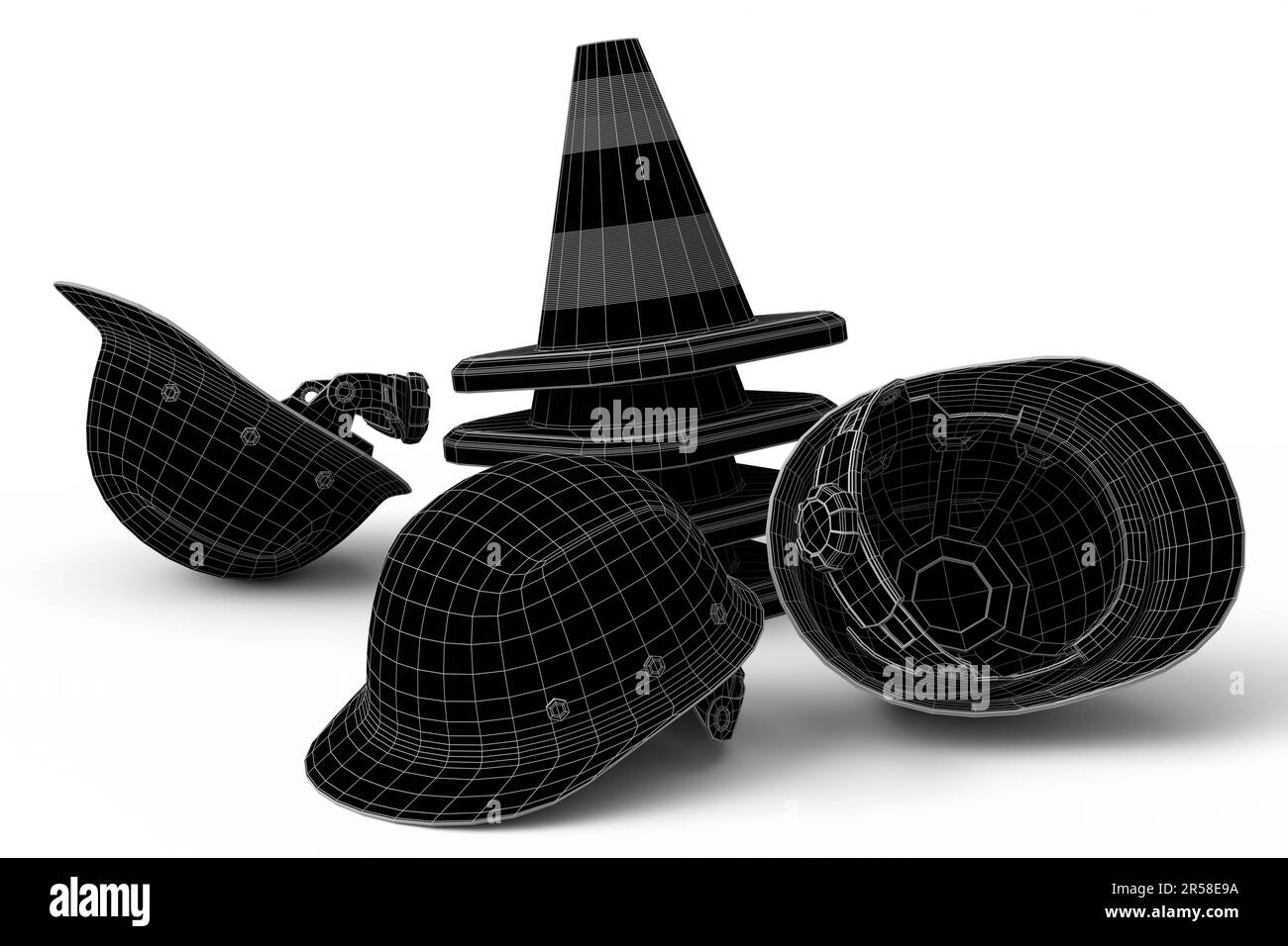 Set of traffic cones for under construction road work and safety helmet ...